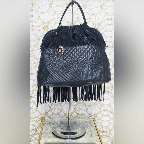 VERSACE FRINGED BLACK LEATHER HANDBAG NWT - Picture 5 of 10